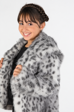 Gri Leopar Queen Alcantara Kürk Çocuk Montu (Uzun Tüylü Kısa Ceket)